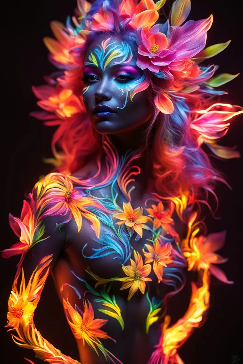 Art flowers body painting neons glowing light in the dark and colorful details