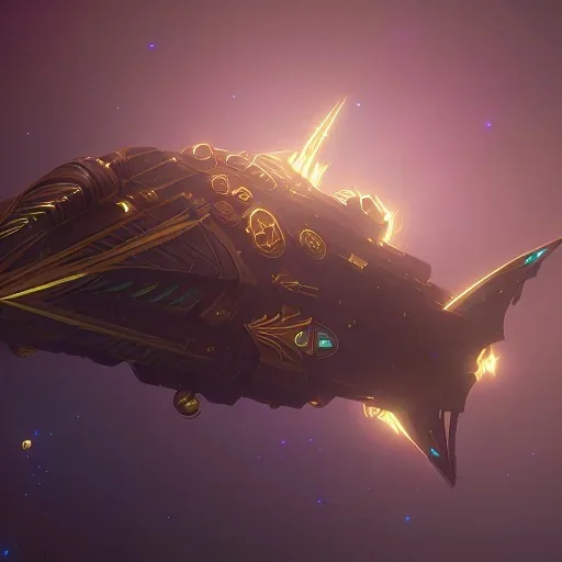 huge ornate spaceship made of brass flying through space