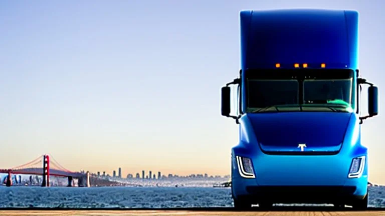 A Tesla semi-truck is parked, over the 'Pier 39', in San Francisco. CINEMATIC. WIDE ANGLE LENS.