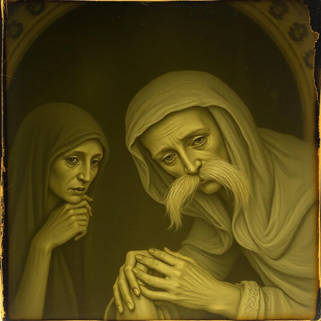 Daguerrotype close up some mysterious figures, odd background, Hieronymus Bosch Max Ernst ambient light, by Minicavio Quollati and Marlost Endgulp, Amano, Botticelli, Alphonse Mucha, distopic