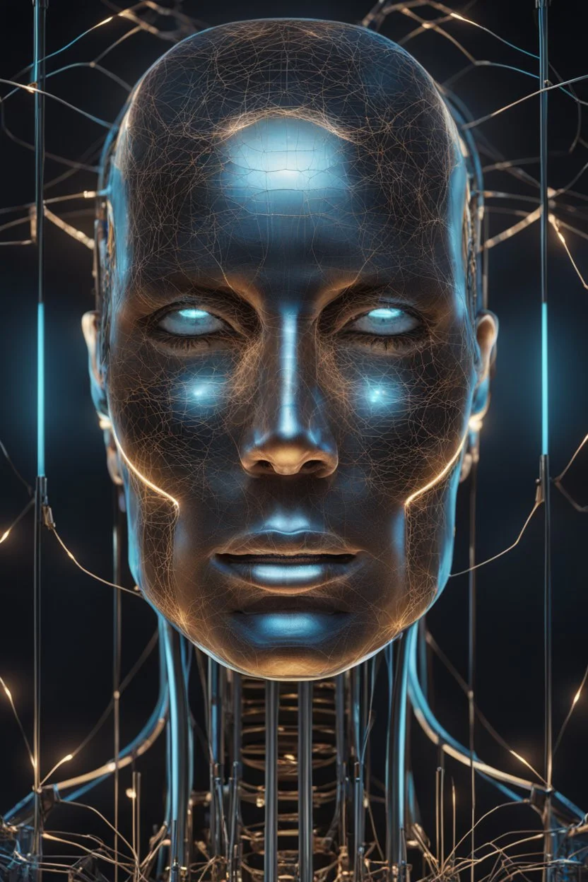 A stunning illustration of an ethereal neural network organism, half of the face is robotic skeleton, stunning facial details, 45 degree angle of view, art, elegant, hologram, electro, Cinematic lighting, Volumetric lighting, Epic composition, Photorealism, Bokeh blur, Very high detail, Sony Alpha α7, ISO1900, Character design, Unreal Engine, Octane render, HDR, Subsurface scattering