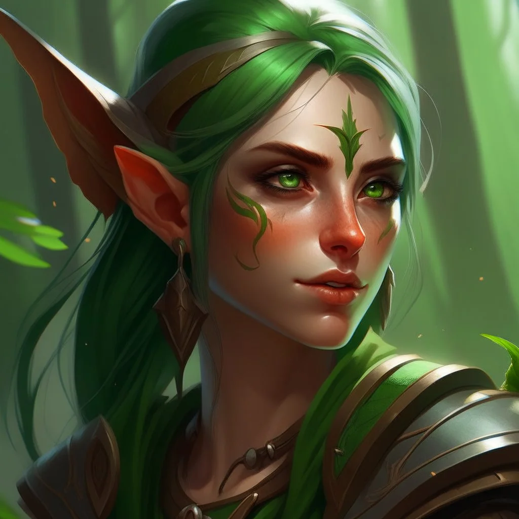 dnd, artistic, illustration, artstation, elf, feywild, bright green hair, green eyes, warrior, portrait