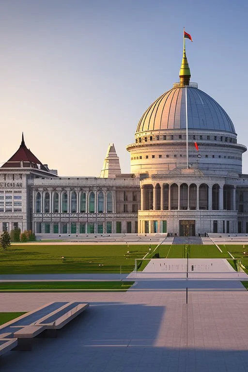 Huge parliament building with classical and modern architechture mixed