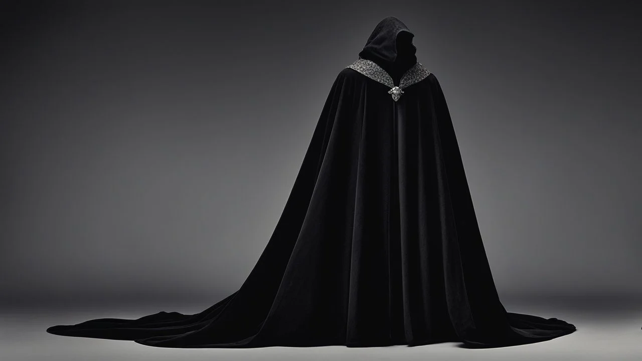 накидка — длинная, из чёрного бархата, отороченная не серебром, а тонким, почти невидимым серым мехом по краю капюшона. Она была простой, но элегантной, без вычурных украшений, лишь на застёжке в виде летучей мыши сверкал один маленький, тёмный камень, похожий на обсидиан