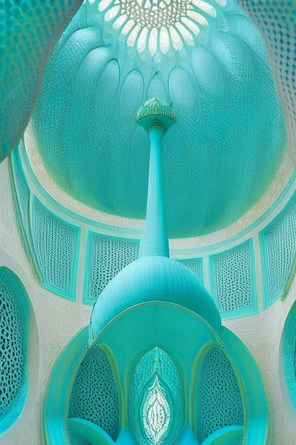 inside a turquoise mosque in a vertical Nautilus shell by artist "Dorian Haqmoun"