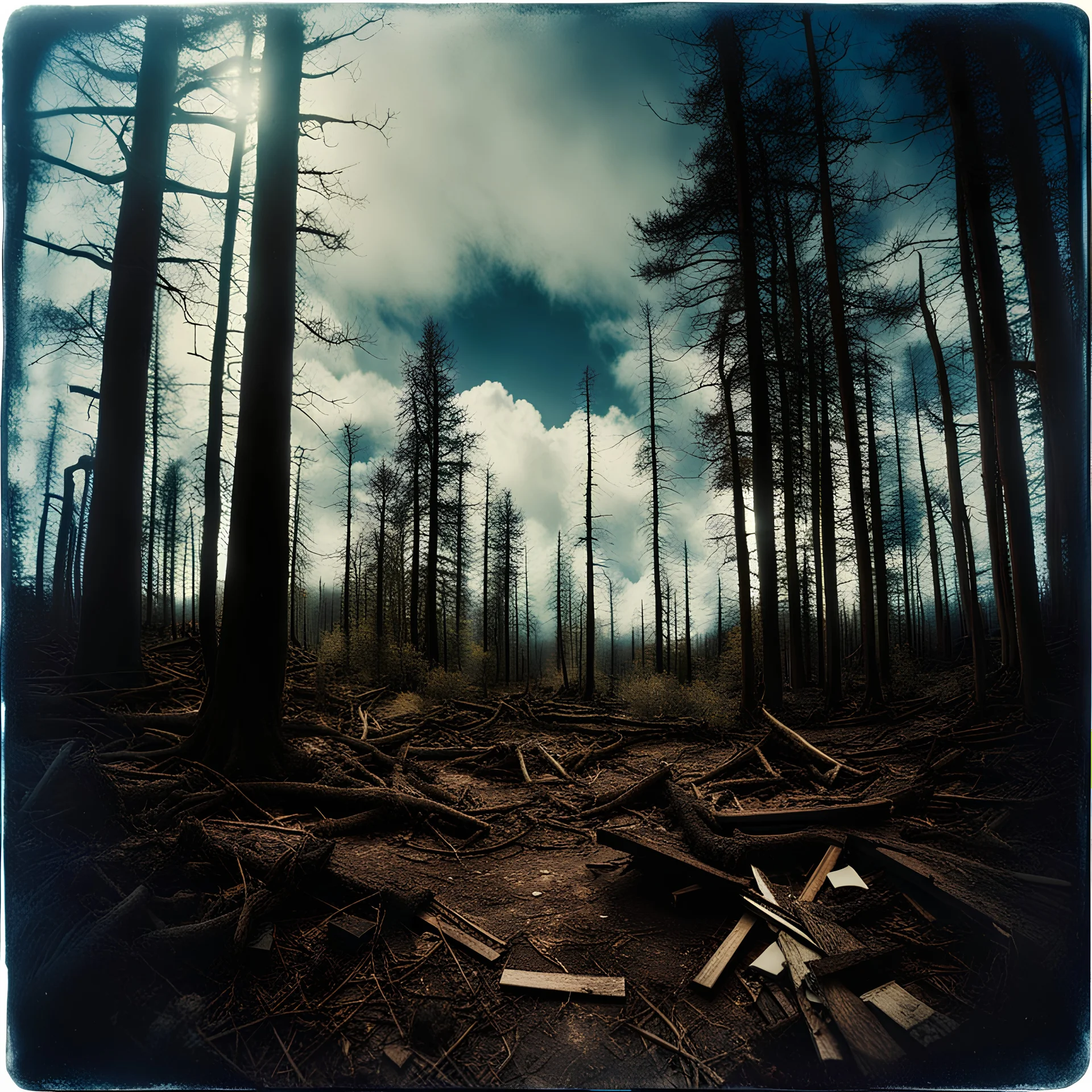 Photorealistic polaroid nothingness, old wooden forest, wasteland, Max Ernst, shot on Hasselblad, movie shot, details of the sky accentuated, nightmare, hypermaximalist, obsessive, hypnotic