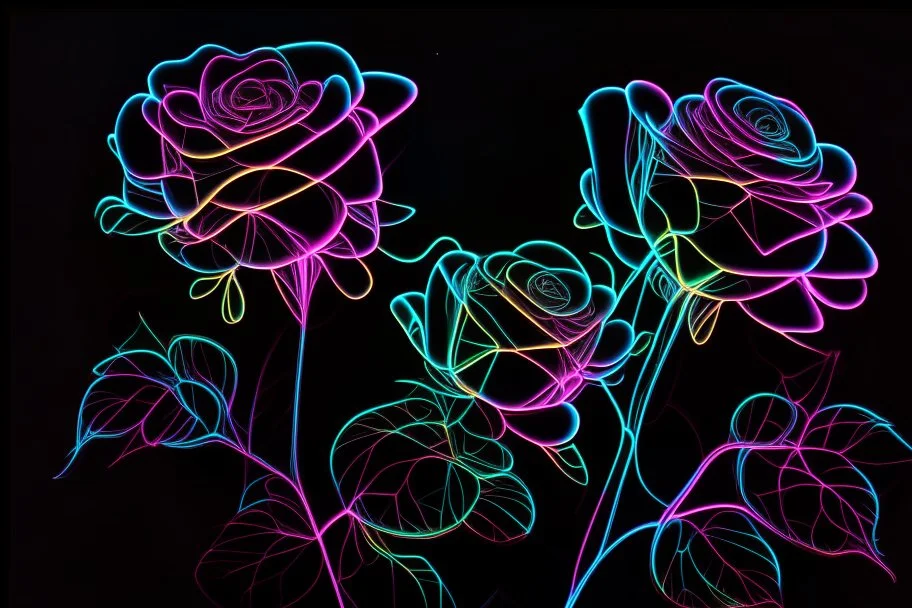 black background, outlines of a holographic roses drawn from thin neon-coloured glowing lines