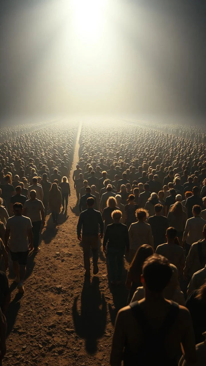A field of random people in a bright lighting , at the end of the picture a huge complicated details t