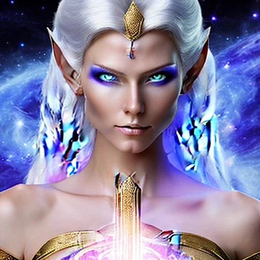 cosmic mage, elf, female, battle mage, epic, cosmic magic, long ears, white hair, face details, pale skin, jewellery, broad shoulders, glowing eyes, sharp ears, cosmic clothes, bright eyes, cosmic eyes, ears shown, light out of eyes, the cosmos in eyes, stars in eyes