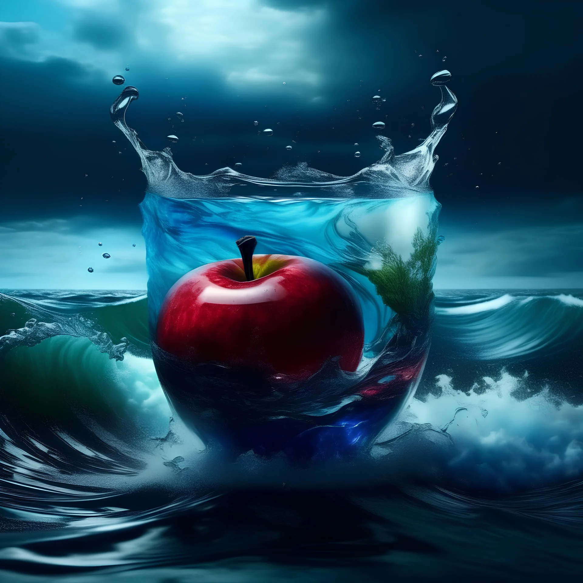 High quality, 8K Ultra HD, a beautiful double-exposure image made of a mixture of the stormy sea and the cup. An apple inside a cup made of crystal clear glass. High, beautiful, epic details, vibrant colors, surface details,, 4K, 8K, 64K, photography.