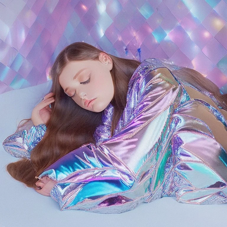 Margaret Tacher sleeping in holographic foil