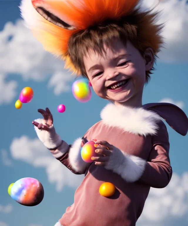 Ultra realistic speed clouds sky scene, wide angle view, childs falling down with many Childs background, rabbit head, inflatable monsters, circus dress style, feather color, free jumping flying, many trinkets, hair monster, many jelly beans, balls, color smoke, smile, happy, extreme, wind, clouds sea, 20,000 feet altitude, stratosphere, soft color, highly detailed, unreal engine 5, ray tracing, RTX, lumen lighting, ultra detail, volumetric lighting, 3d, finely drawn, high definition.