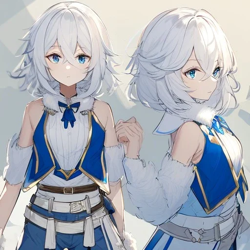 Clear focus, High resolution, rough line sketch art, short fluffy white hair, hair between eyes, fluffy hair, blue eyes, wearing a sleeveless shirt, wearing shorts, detailed outfit, lots of details, bow on belt, white belt, white and blue everywhere on outfit, cut sleeve, yellow chains around outfit