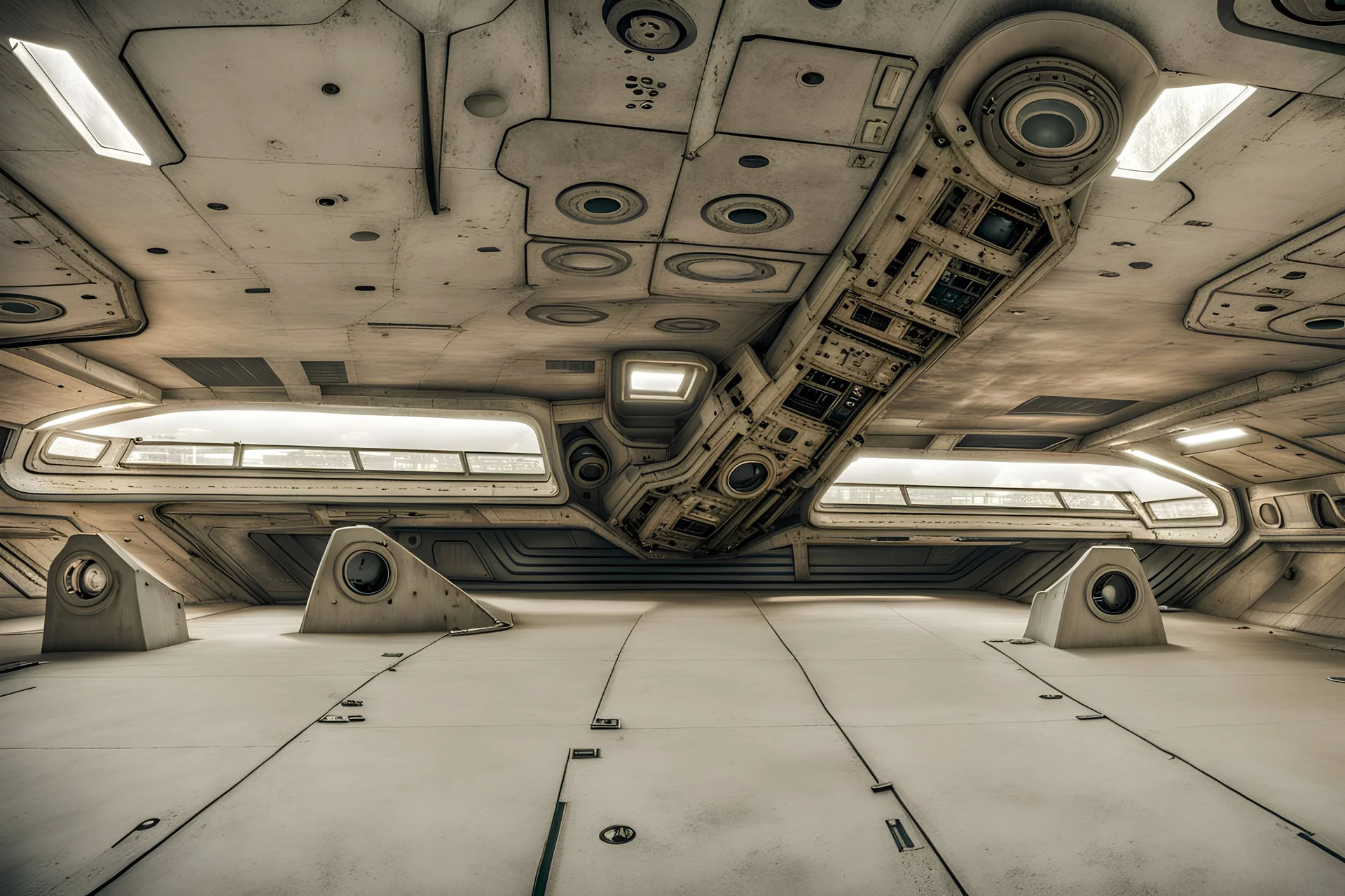 Alien symbols and silent corridors evoke space horror in this abandoned spaceship interior