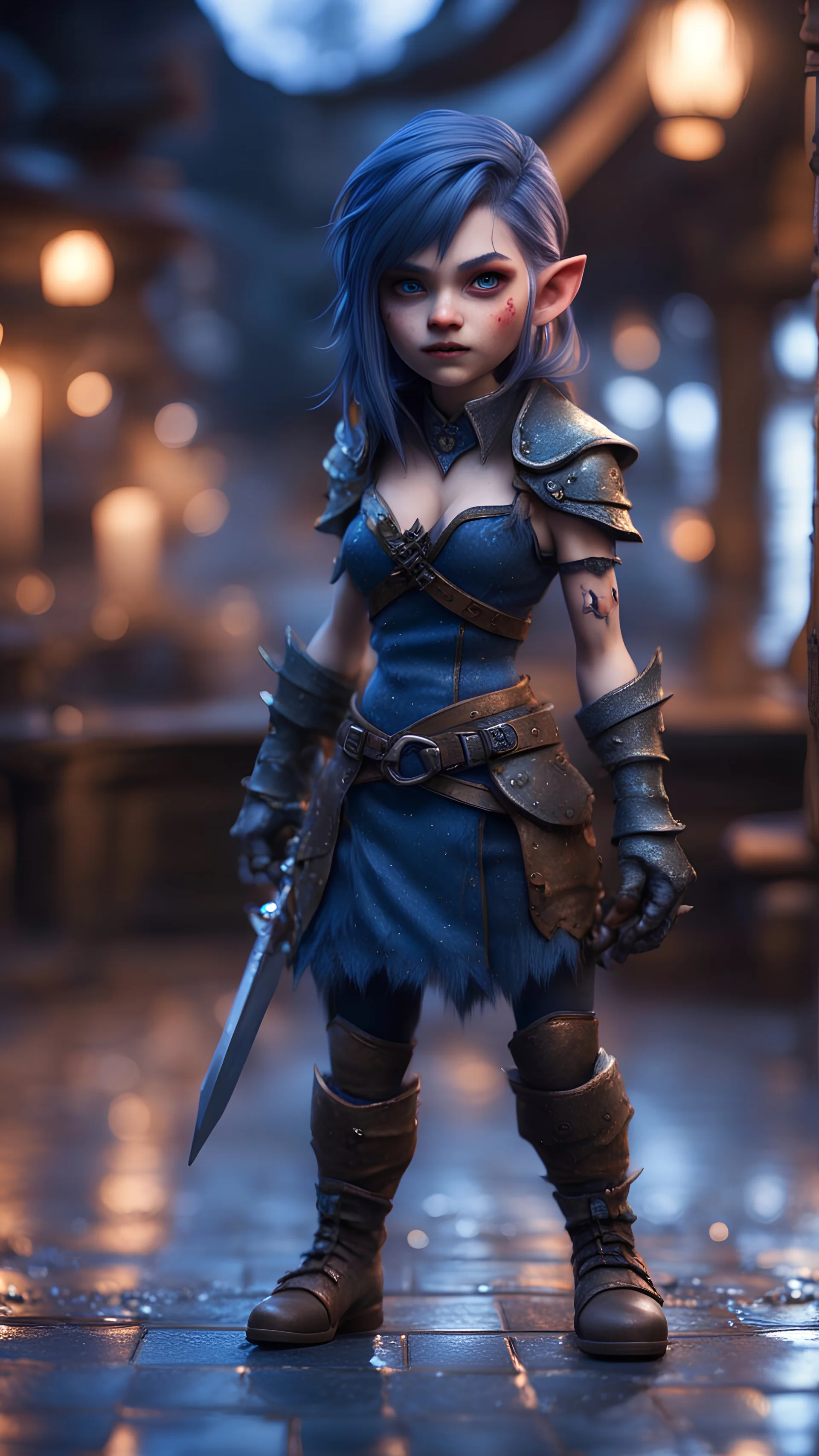 full figure with metallic stone gauntlets holding dark blue jagged dagger, standing on wet tiled floor outside fantasy tavern, focused female brownie vampire gnome from worms armageddon wearing makeup, bokeh like f/0.8, tilt-shift lens 8k, high detail, smooth render, down-light, unreal engine, prize winning