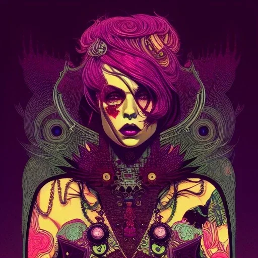 beautiful punk girl, hyper detailed, hyperdetailed, intricately detailed, illustration by <kilian eng>, purple tones, darkred tones,