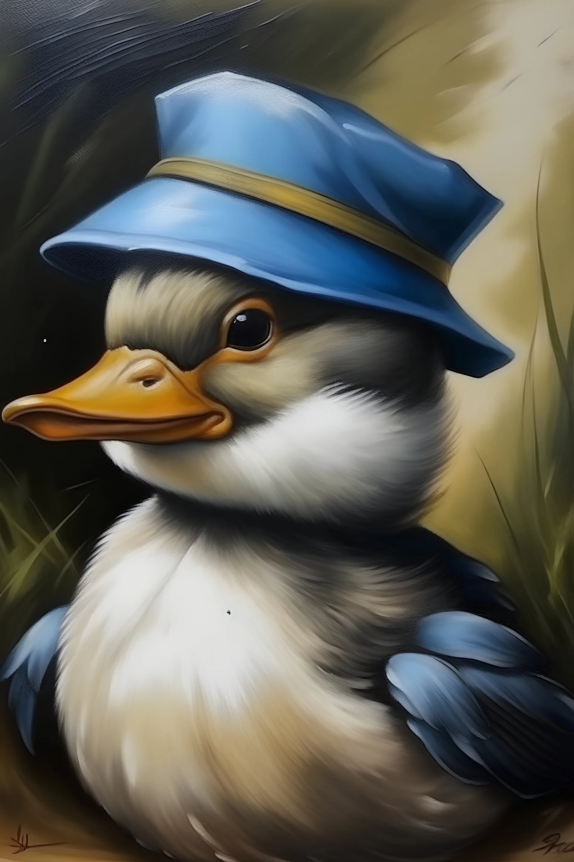 Old painting from a little duck with a Sailor hat