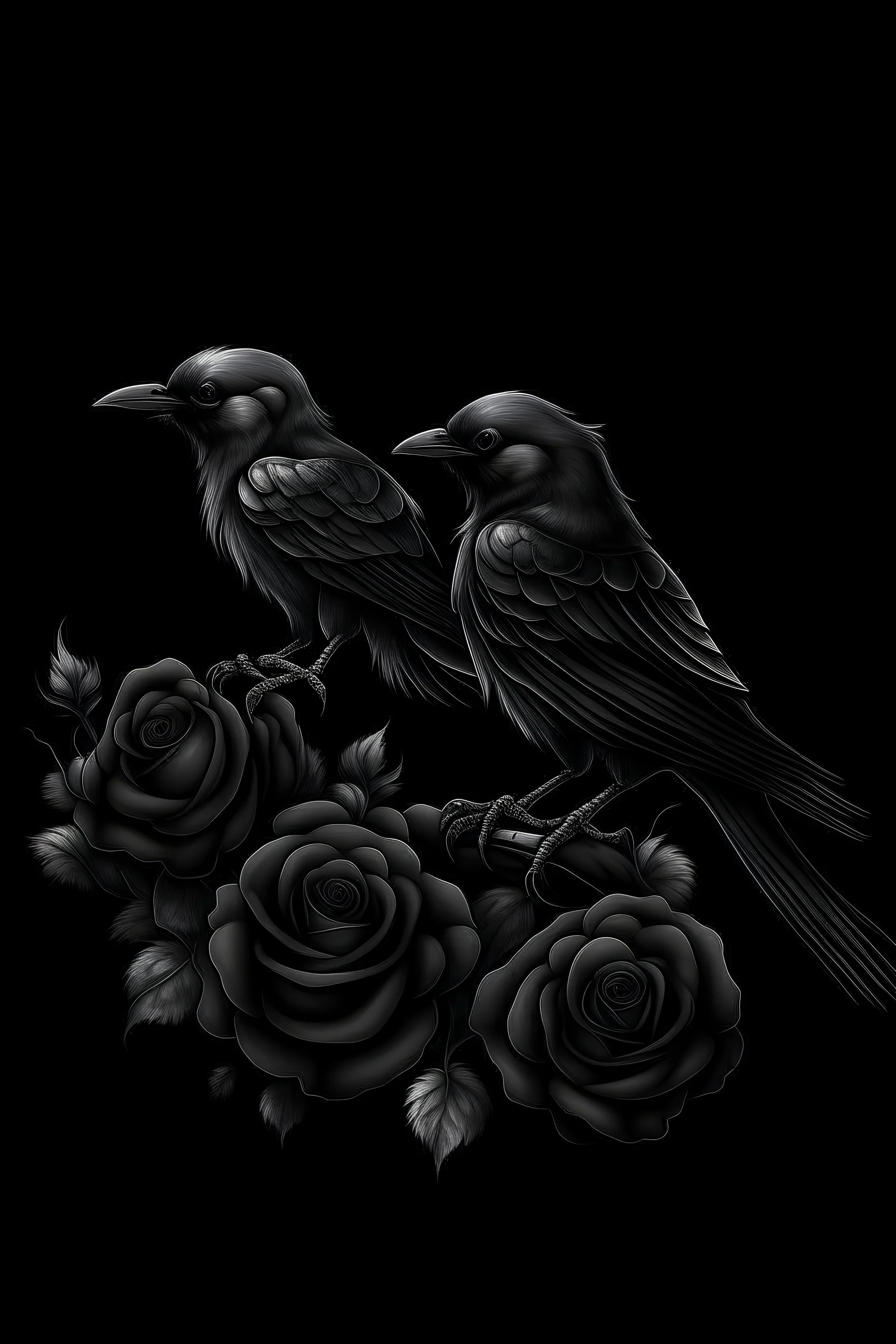 crows and a rose in a black background