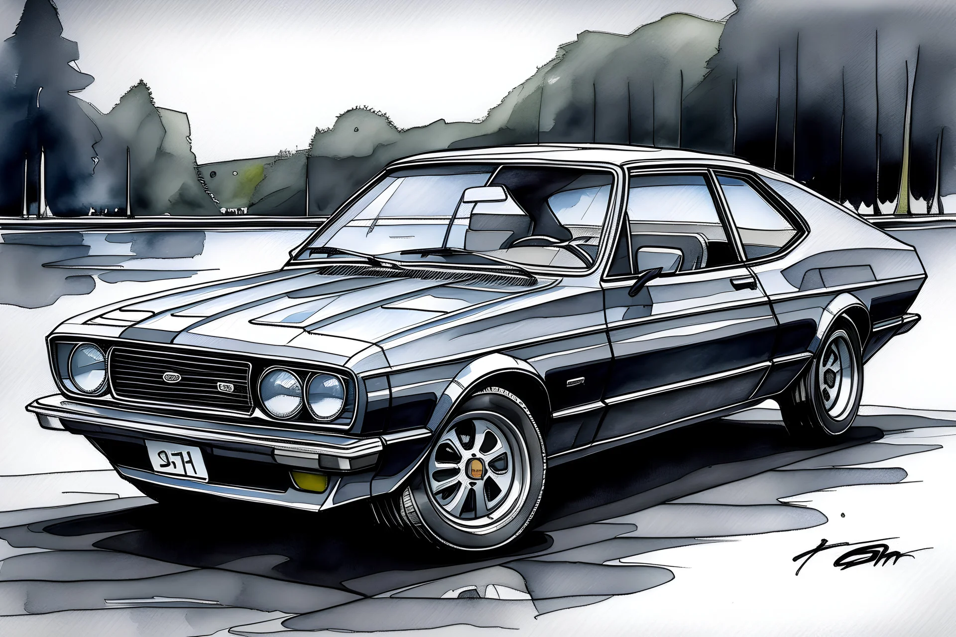 a modern, new ford capri metallic gray drawing water colour