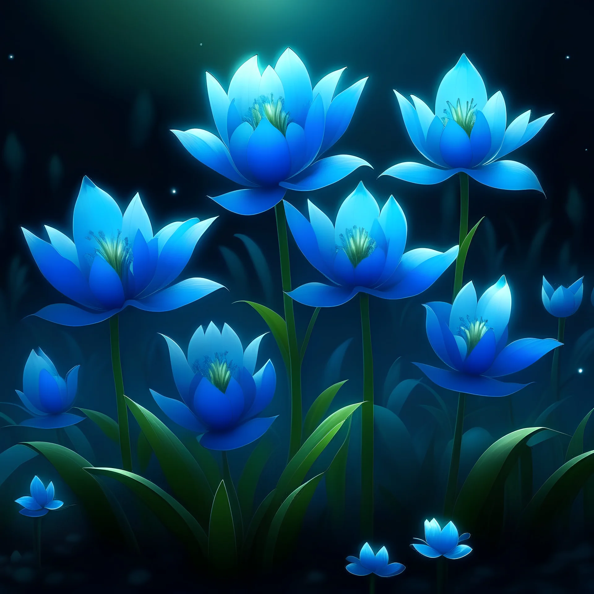 Create an AI art of tranquil blue flower bulbs representing "Caeruleus Mnemoflora," exuding a serene and inviting aura.