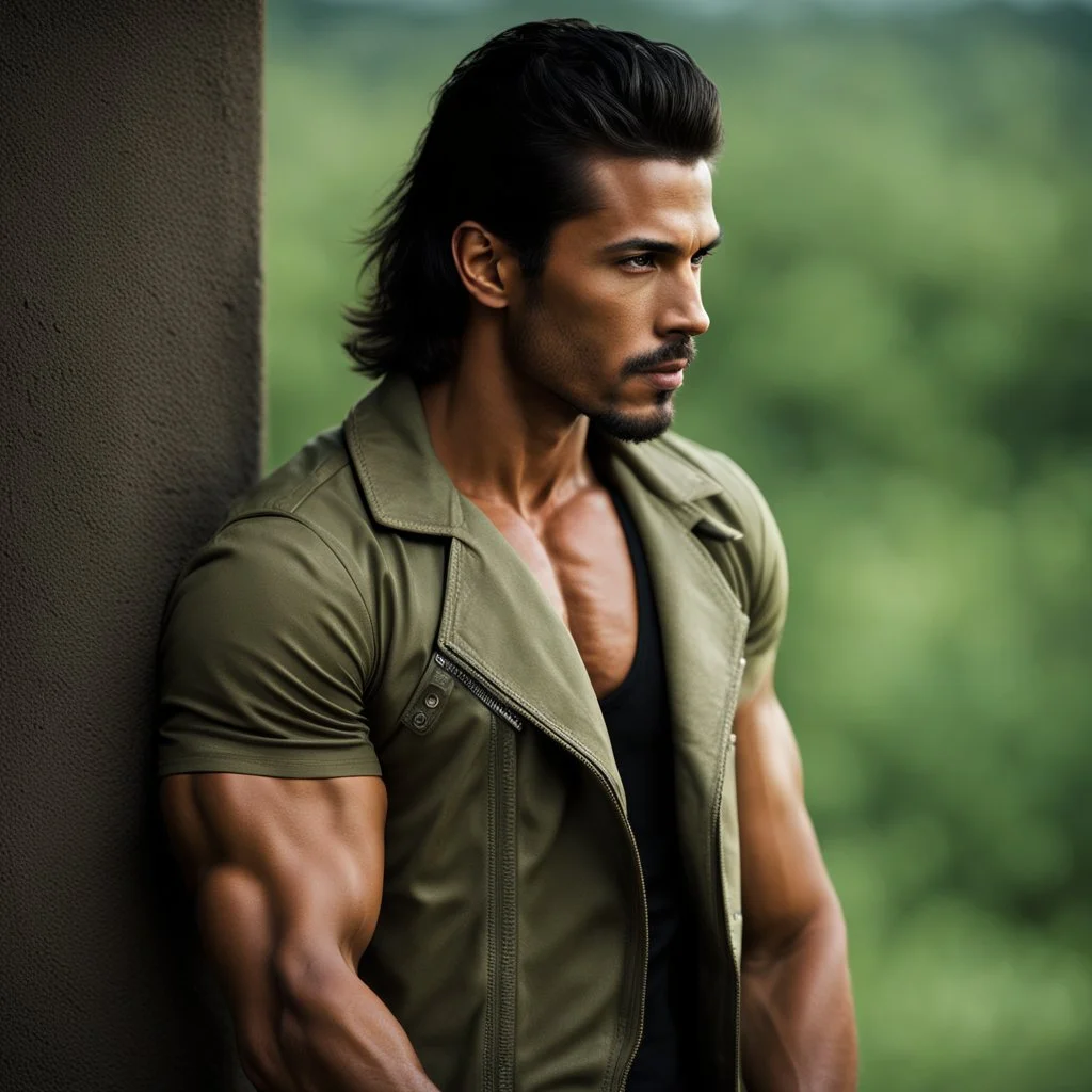 Portrait of an Olive skinned muscular very handsome male with dark hair and a goatee beard