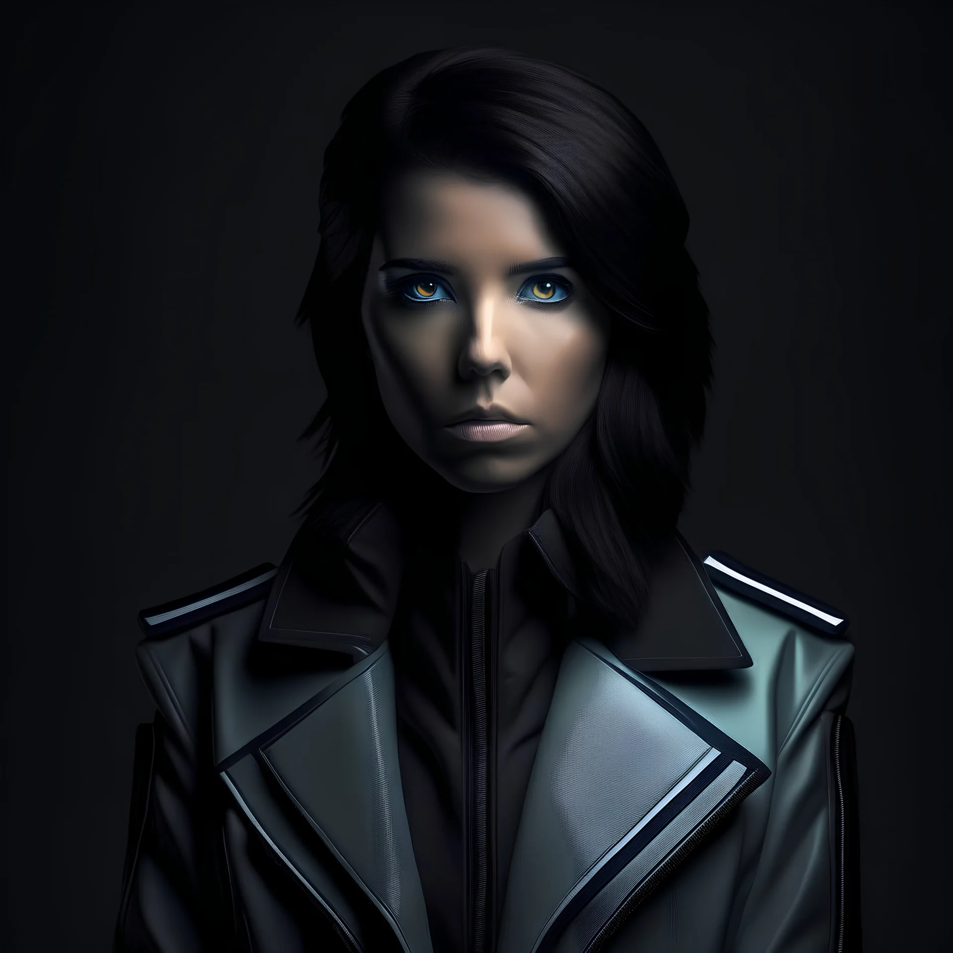 portrait of a futuristic brunette young woman wearing heavy officer jacket
