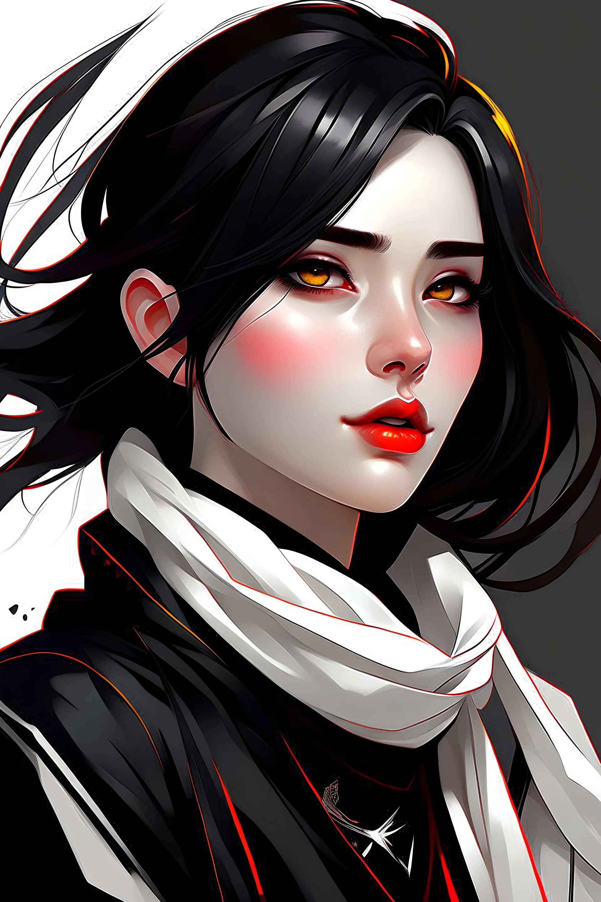 Digital art, high quality, masterpiece, natural illumination, high contrast, Young woman, (pale skin:1.5), (black hair:1.8), shiny hair, (straight hair:1.2), (white blouse:1.4), (black ribbon scarf:1),
