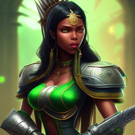 fantasy setting, insanely detailed, dark-skinned woman, indian, green and black hair, mage