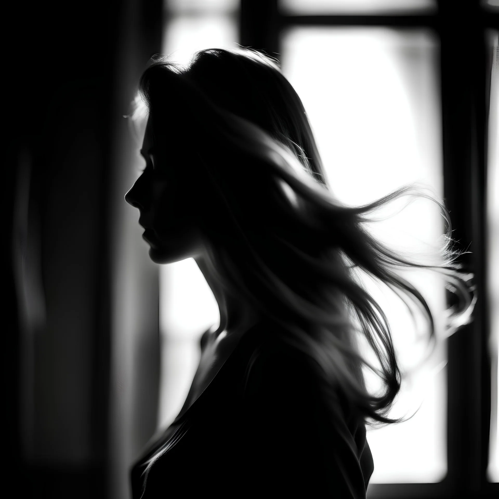 Blurred image, silhouette of woman moving hair, black and white, white light