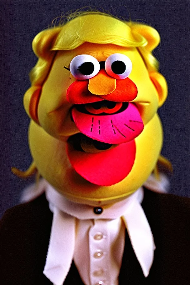 a Film Photograph of a Donald Trump Muppet made of felt and fur yelling at everybody