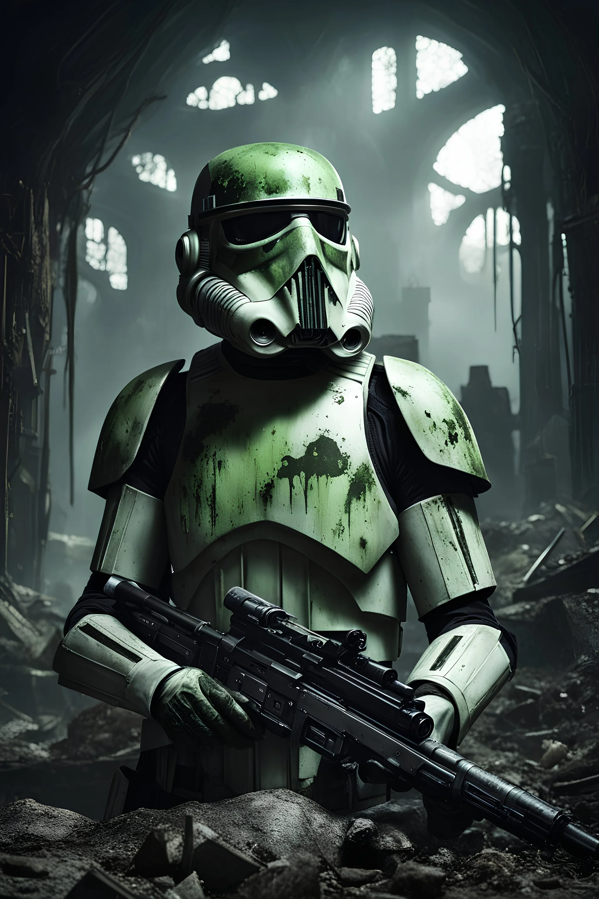 A haunting scene of a zombie Stormtrooper| decayed armor| eerie green (glowing eyes:1.2)| Staggering through a dark| abandoned Imperial base| (shadows:1.1) lurking in corners| Tattered remains of once pristine white armor| chilling atmosphere| (4k)| (8k)| Gruesome details| unsettling| cinematic| mysterious| captivating| spine-chilling| post-apocalyptic world