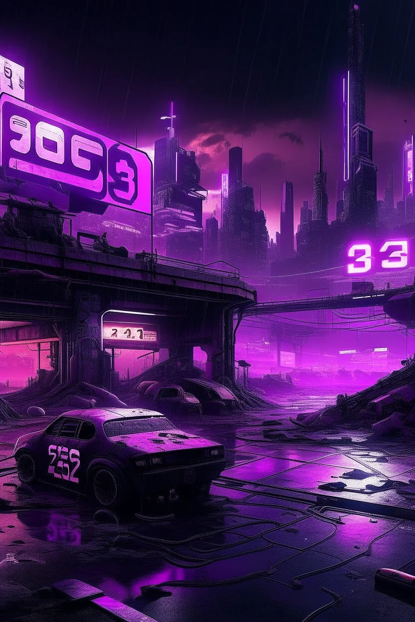 pos-apocalyptic cyberpunk city with destroyed buildings, a plubicity showing the number "2222", illuminated purple neon, dark, high contrast