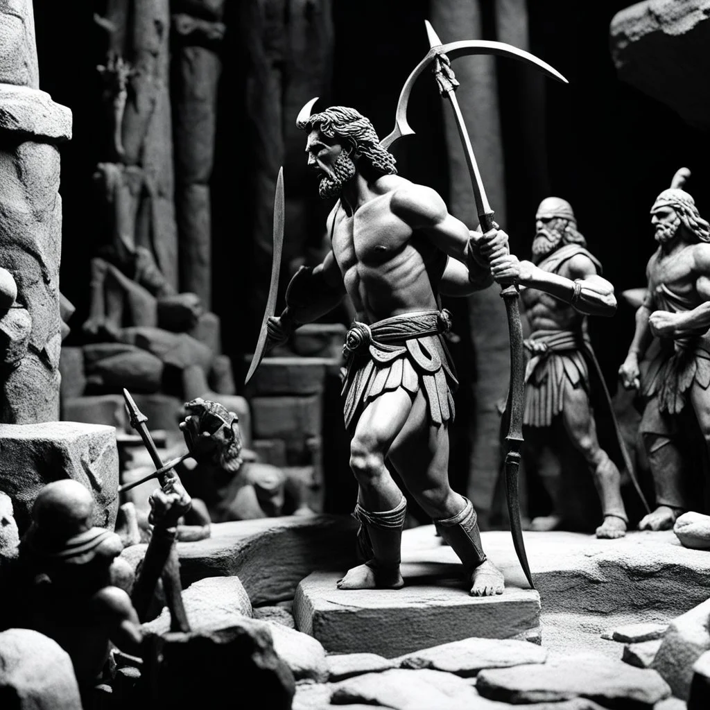 (stop-motion animation style of Ray Harryhausen) The climax of the Odysseus saga, a moment of intense suspense and revelation. Odysseus with his iconic bow, the wily hero, facing his ultimate challenge as he confronts the suitors in his own home. The tension mounts as he reveals his true identity and executes his masterful plan to reclaim his kingdom and reunite with his beloved Penelope. The climax pulses with drama and emotion, as Odysseus proves his cunning and strength in a final showdown th