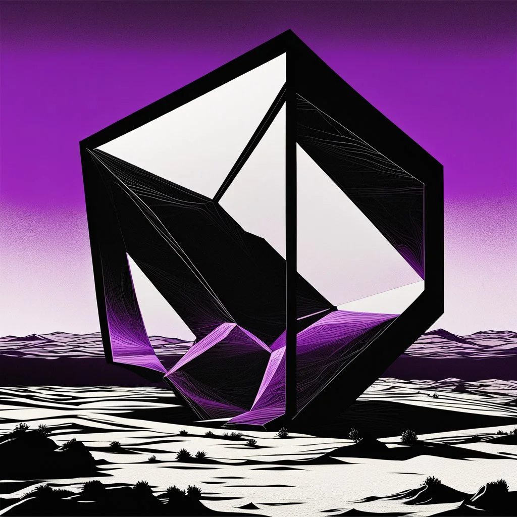 a large dark black ominous rhombus shaped structure with a neon purple outline floating high above a desolate monochrome landscape