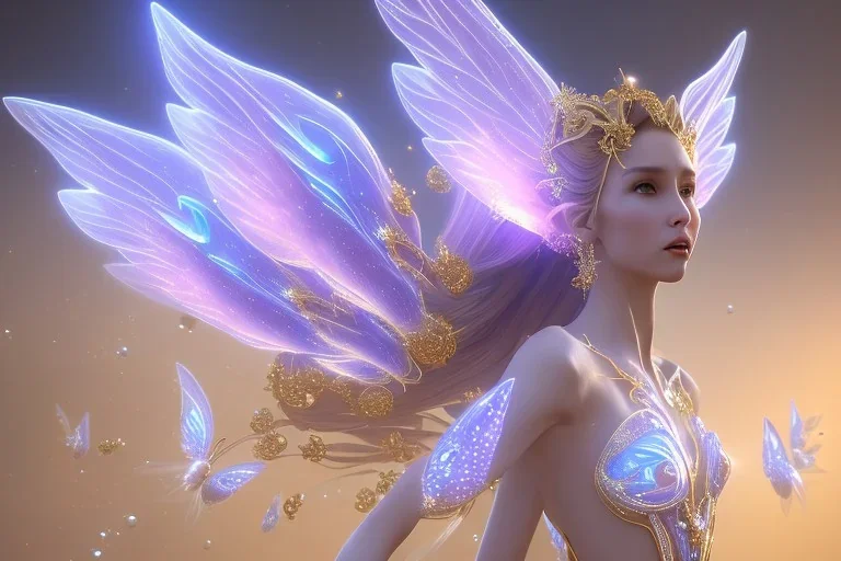  beautiful cosmic fairy, long hair, golden skin, nice smiling, transparent wings, magic glamour make up, delicate colors, beautiful glamour galactique dress, ultra sharp focus, 8k, unreal engine 5, extremely sharp detail, light effect, soft light atmosphere of a spaceship, smooth, full of details, face in front, complete vision of face and hair and body