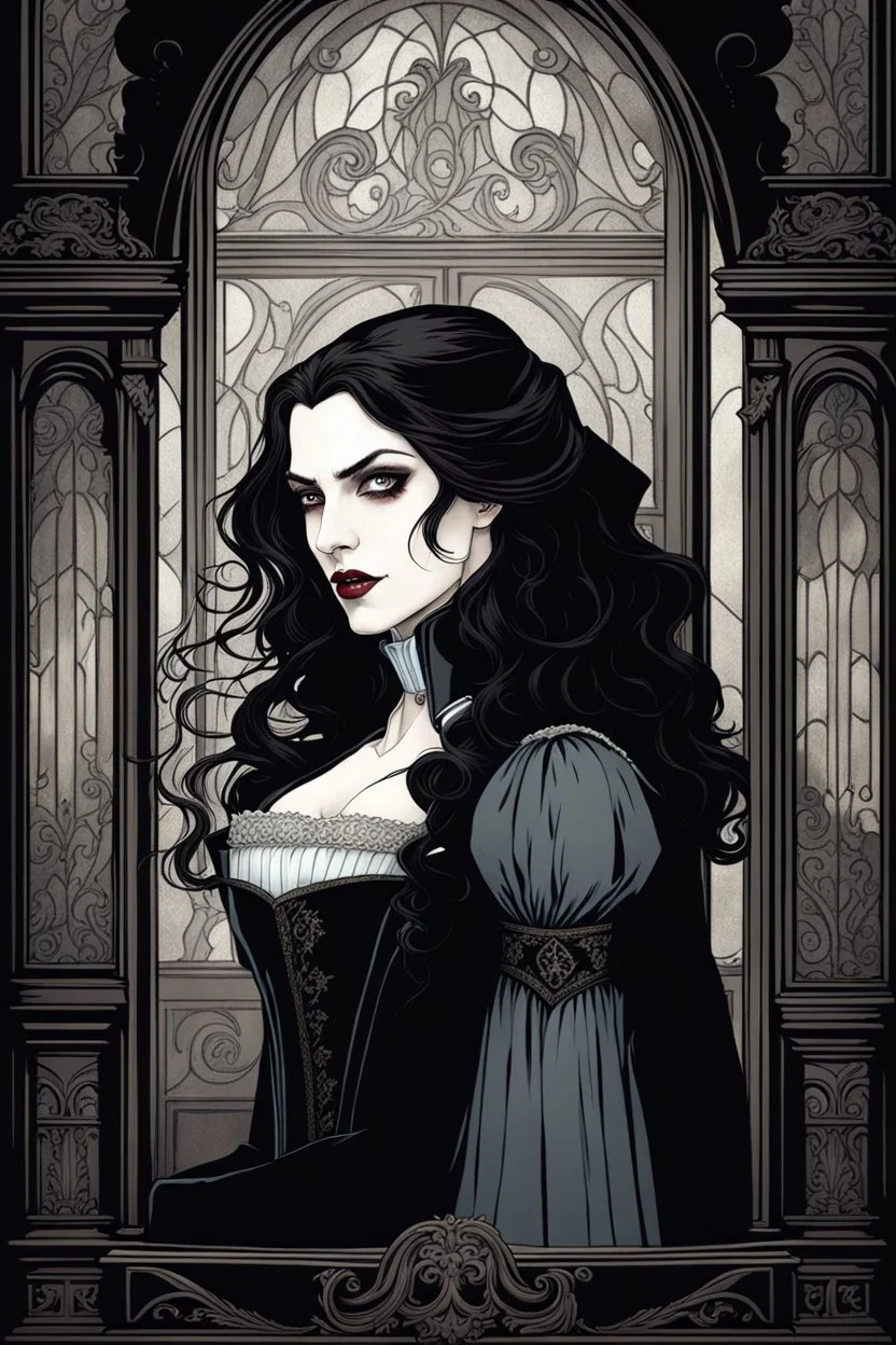 A hauntingly beautiful and detailed illustration of an attractive vampire man in a Victorian-style dark garb, with pale skin, long black hair, snarling, his sharp canines flash want biting the neck of a beauty young woman. the woman faint melancholy smile on his face, his eyes closed.The background is a dimly lit gothic room, with the light of a full moon pouring through a large window, creating a chilling cinematic, horror atmosphere. The intricate details and sharp focus make this a masterpiec