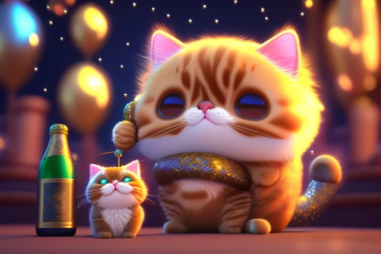 cute fluffy pixar chibi cat, new years eve scene, champagne, twisted serpentine, fireworks Weight:1 detailed matte painting, deep color, fantastical, intricate detail, splash screen, complementary colors, fantasy concept art, 8k resolution trending on Artstation Unreal Engine 5 Weight:0.9