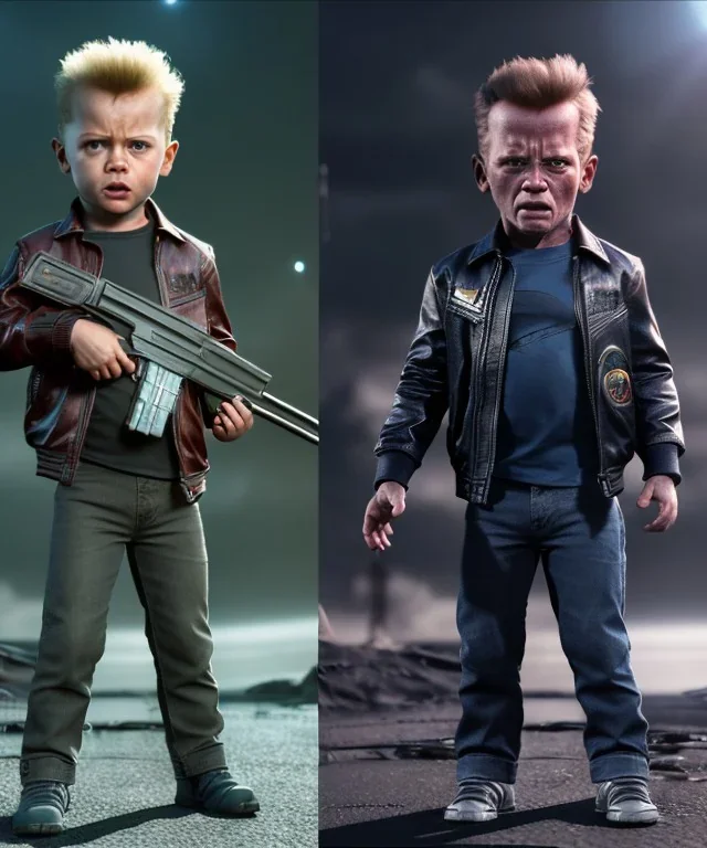 The Terminator toddler, shotgun, full body, dramatic lighting, angry, hyper realistic