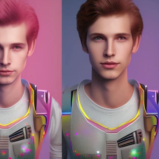 full body photo of smiling feminine pretty 19 year old boy wearing a star wars shirt, with rainbow glitter eye make-up, flat chest, pronounced adam's apples, short and long pink hair, no body hair, no tattoos, lgbt, transgender, highly detailed, photo realistic, plain background, still shot, photo realism, full body photo, 8k high resolution, high detail, --ar 2:3 --v 4