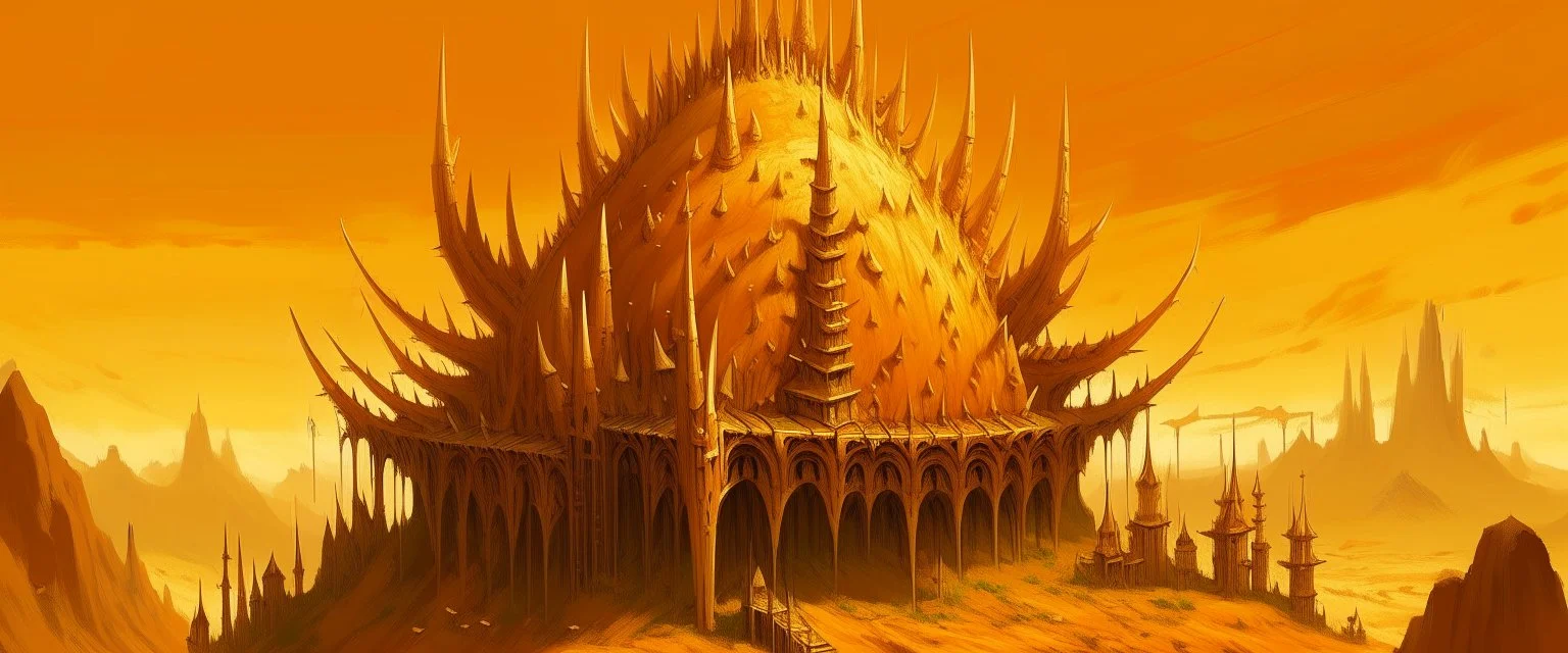 A golden orange colored citadel covered in spikes painted by Zosan