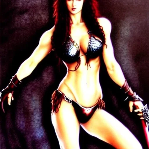 Epic full body picture portrait of busty atletic young beautiful Red Sonja Luis Royo styles