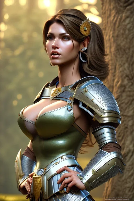 milf, brunet hair, knight armor, forest, 8k resolution, high-quality, fine-detail, intricate, fantasy art, detailed matte, volumetric lighting, illustration, 3D