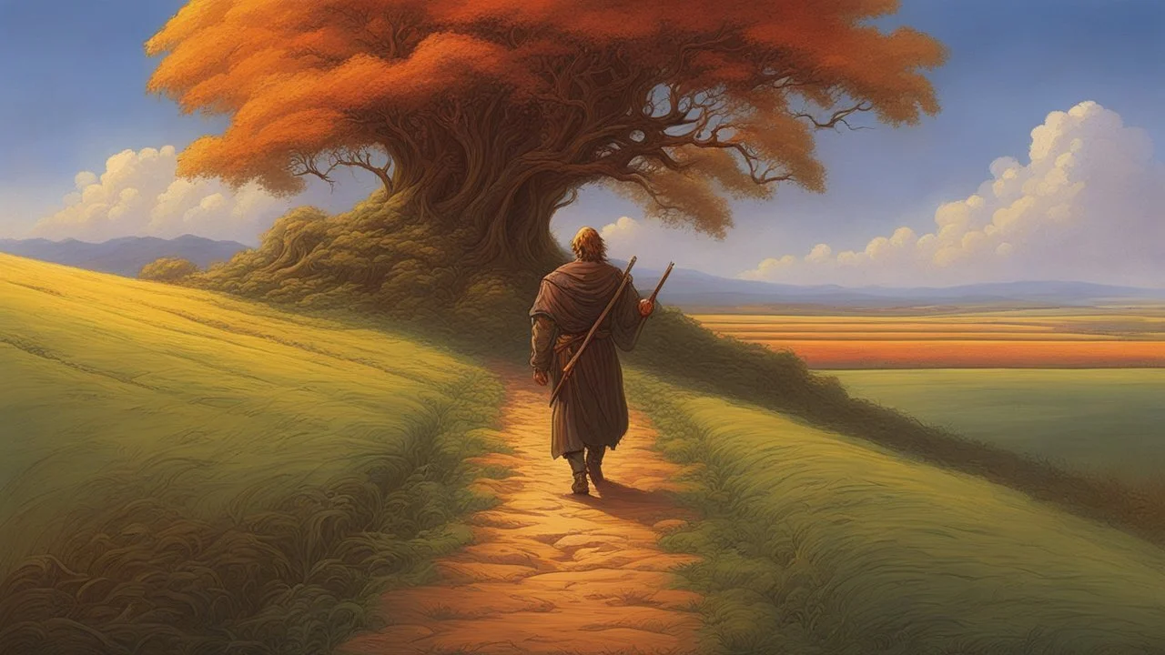 The wanderer, the god of protection. walking on a road through farm and fields. concept art, intricately detailed, color depth, dramatic, colorful background. Painted by Michael Whelan