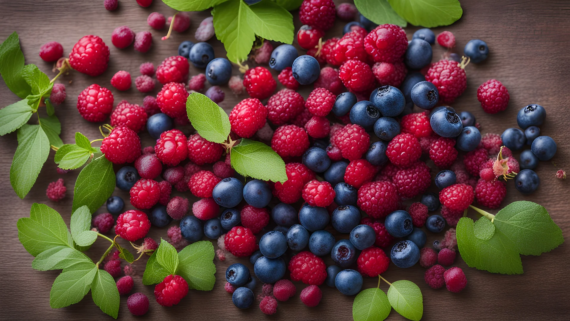 A summer picture with freshly picked forest berries (lingonberry, blueberry, raspberry)