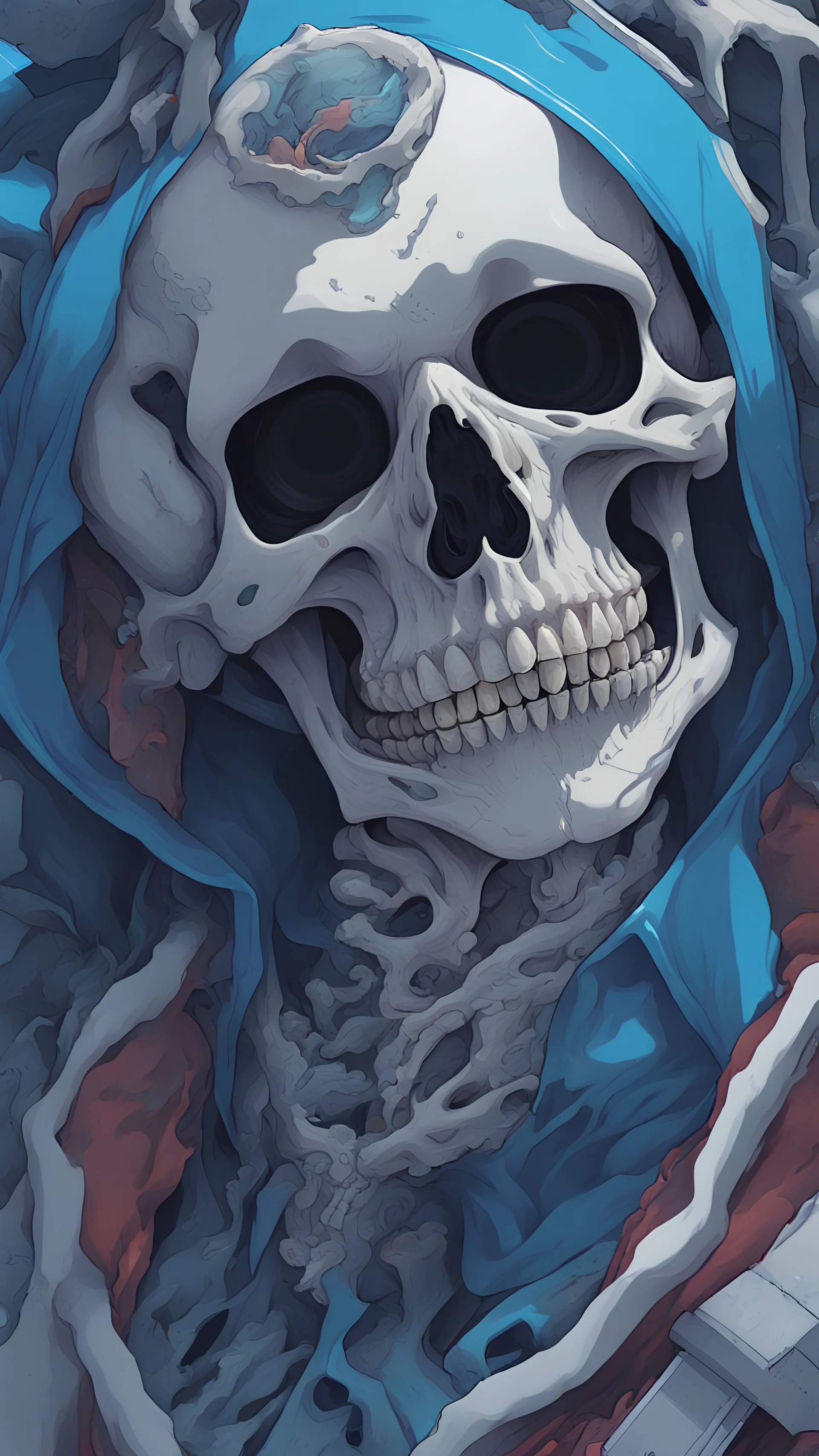 a close up of a person with a skull on their head, blue and black colors, anime skull portrait man, scary detailed art in color, hiroyuki-mitsume takahashi, nychos art aesthetic, half man half skeleton, anime cyberpunk art, colored manga art, rossdraws pastel vibrant, hot colors. insanely detailed, beautiful anime portrait, stunning anime face portrait, scary art in color
