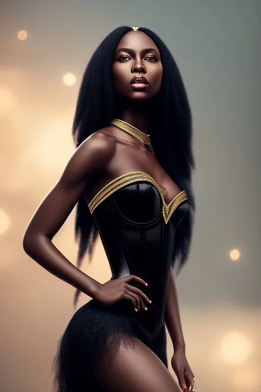 A portrait of a beautiful youthful black woman, wearing a black corset, long black hair, wizard, magical, ethereal, intricate bright lighting. Concept art by wlop. Ultra quality 8k.