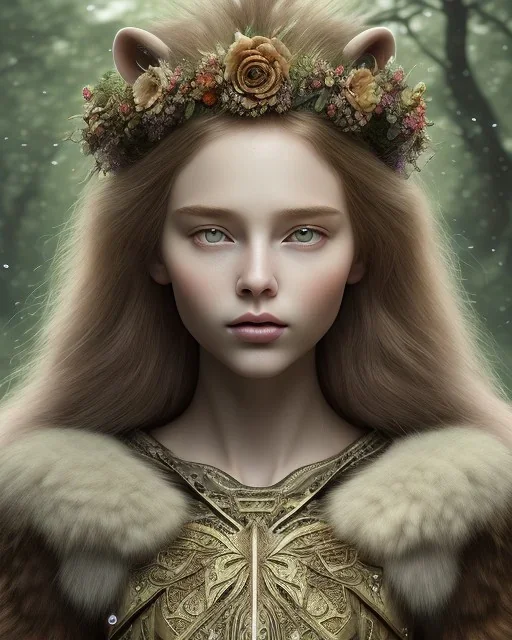 Young beautiful girl wearing floral crown with a stunning lion on nature forest path, Chronicles of Narnia, 8k resolution, high-quality, fine-detail, iridescent, intricate, digital art, detailed matte, volumetric lighting, beautiful, illustration, 3D octane render, brian froud, howard lyon, selina french, anna dittmann, annie stokes, lisa parker, greg rutowski,