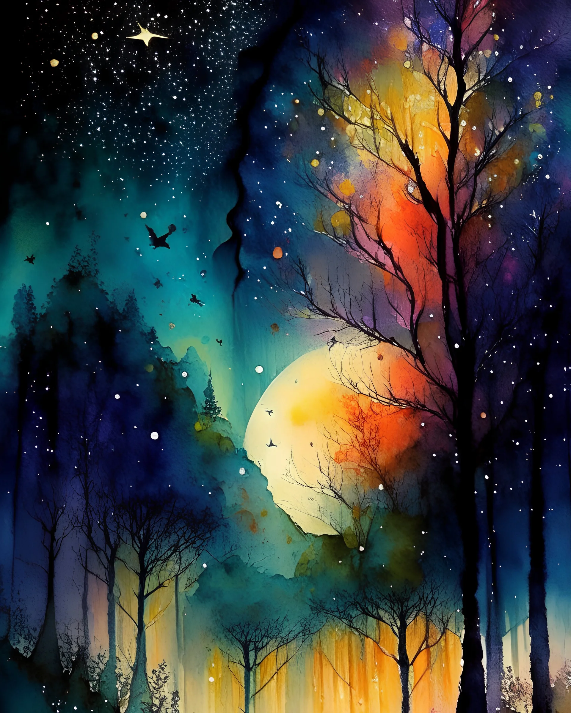 Enchanted,evening,starry night, moon,forest , Art work design,watercolor painting, splash colors,artwork kuniko y.craft,janek sedlar, Peter holme