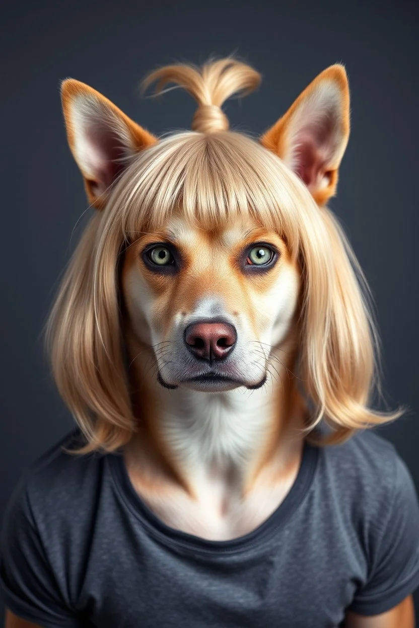 A portrait of an attractive stern dog with wig, shoulder-length blond hair tied in a tight knot, pale skin,light green eyes, muscular build, wearing grey t-shirt