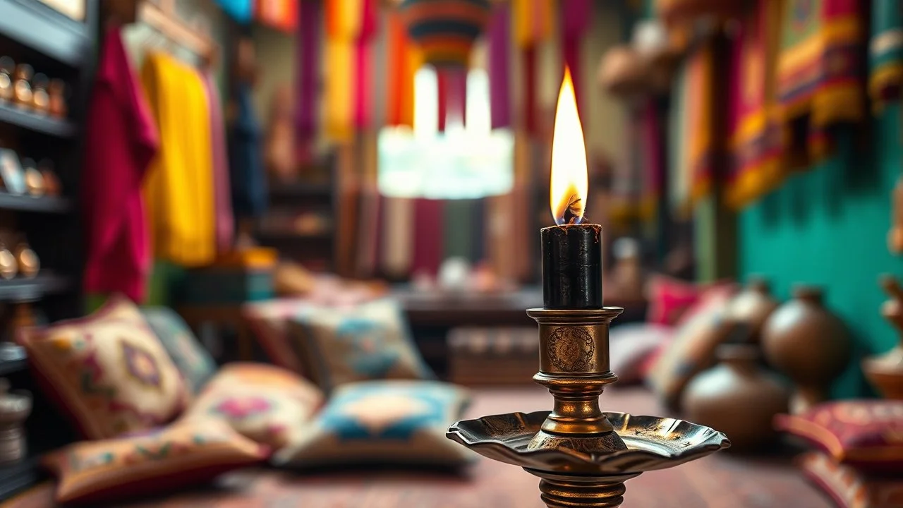 black flame in an antique candlestick, which is in front of an oriental background, oriental colors and objects, in the background blur pillows on the floor, and colorful scarves hanging from the ceiling, the sharp focus is on the black flame, high realistic photo